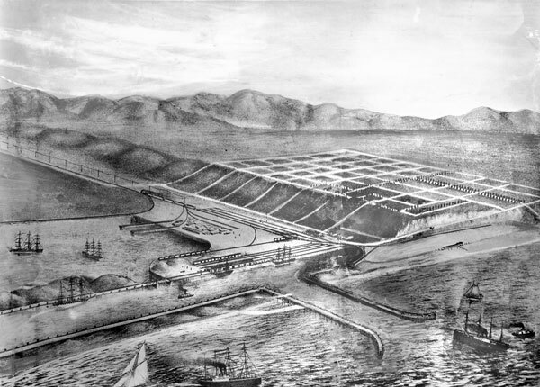 Artist's rendering of Port Ballona, a harbor that the Santa Fe Railroad planned to build at Ballona Lagoon in the 1880s. Courtesy of the Title Insurance and Trust / C.C. Pierce Photography Collection, USC Libraries.