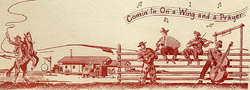 A drawing by Harry Bennett of a man on a horse waving his lasso and some farmers and cowboys play on various instruments.