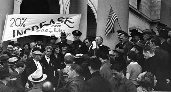 W.P.A. workers demand an increase in wages on the steps of L.A. City Hall