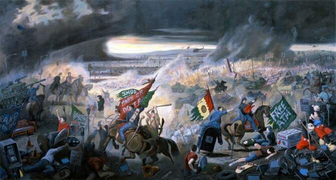 Sandow Birk, "In Smog and Thunder: The Great Battle of Los Angeles," 1998. Oil on canvas.<br /> 64 x 120 inches. Courtesy of Catharine Clark Gallery, San Francisco.