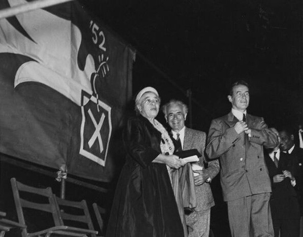 Bass (on left) campaigning in 1952 with Hallinan (right) and the Progressive Party's candidate for U.S. Senator from California, Reuben Borough. Courtesy Southern California Library for Social Studies and Research