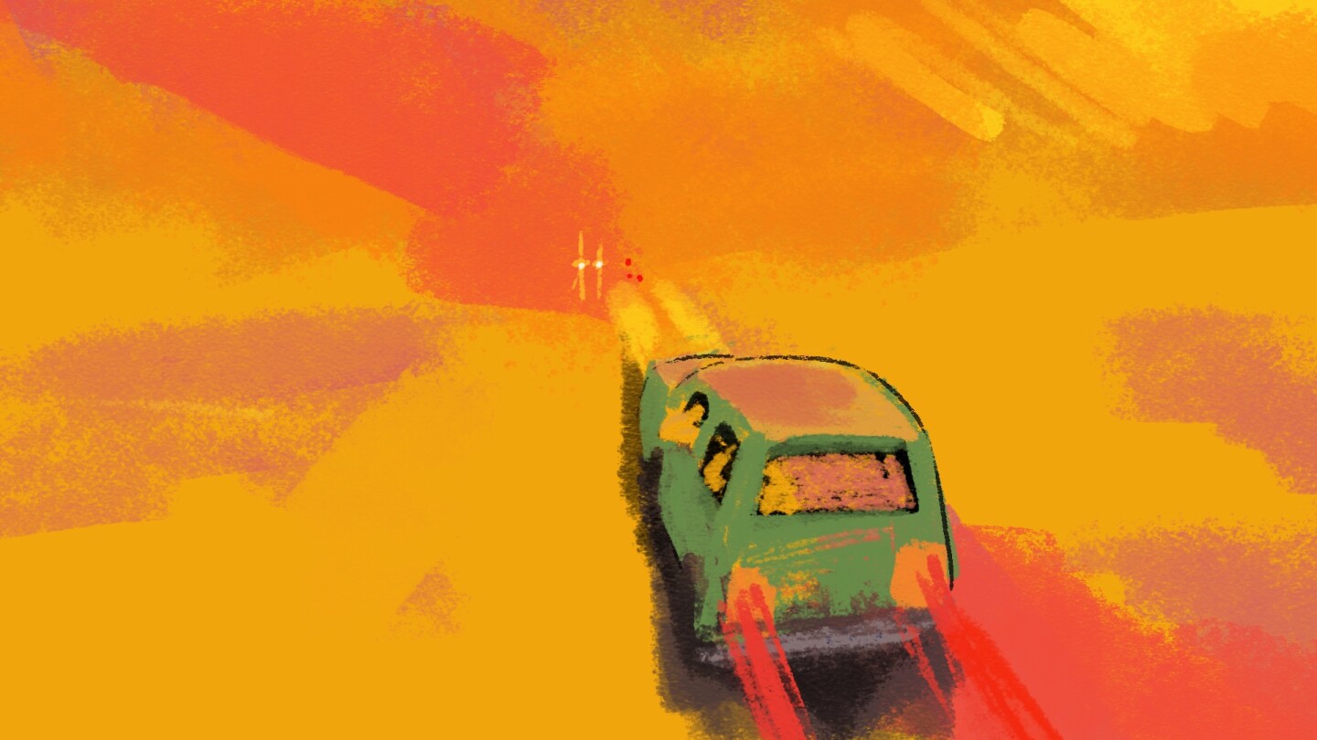 An illustration of a car driving away on the road