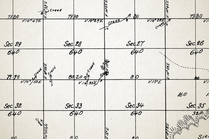 Detail of land survey map depicting "Indian ditches," W. Von Schmidt (1855)
