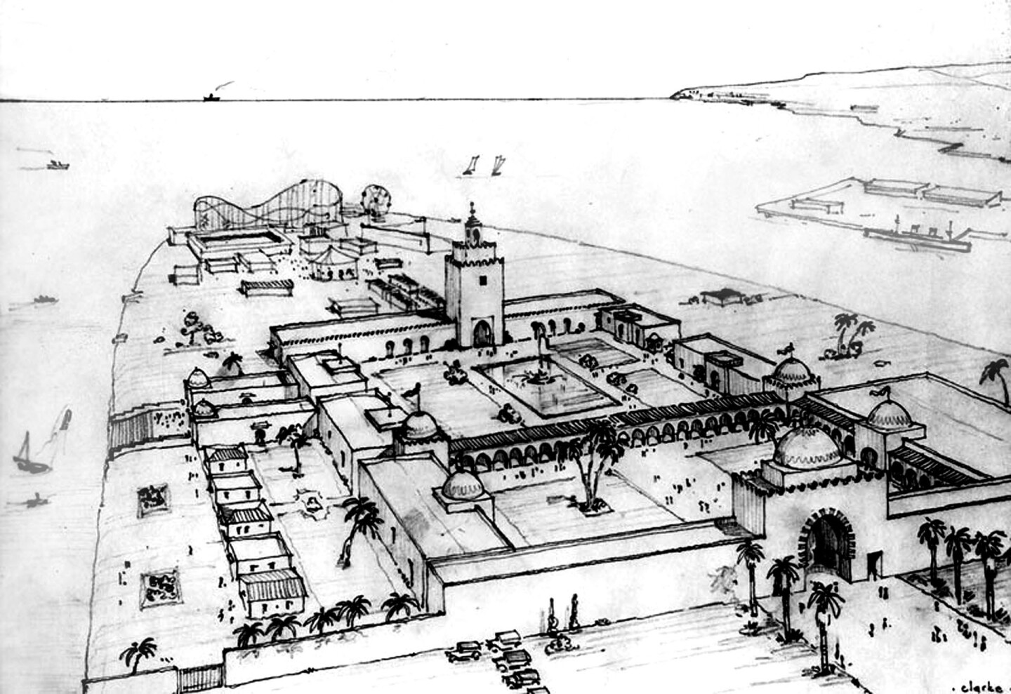 Plan. This sketch shows the exposition’s domed entry gate, its two central courtyards, and the long arcade between them. Photograph courtesy of Security Pacific National Bank Collection, Los Angeles Public Library