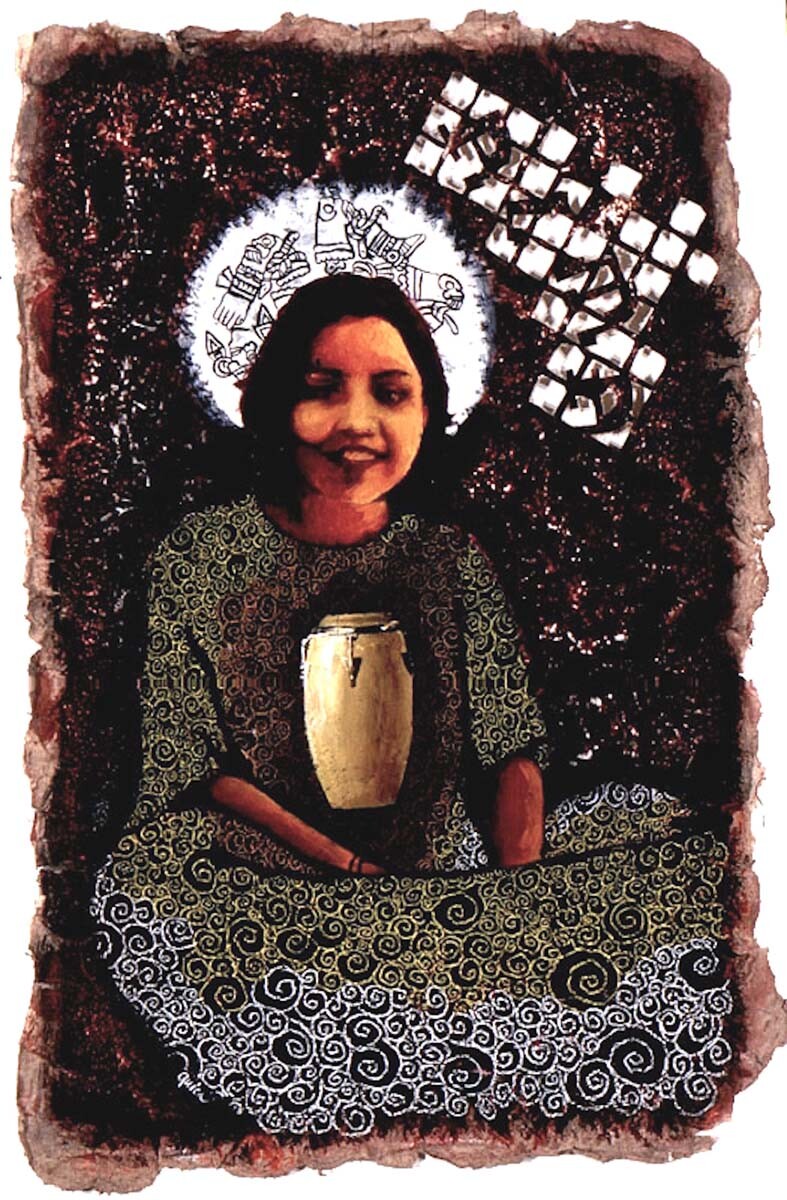 “Alma: Portrait of Martha Gonzalez, 1998." Alarcón’s portrait of Martha Gonzalez dated 1988. Gonzalez is shown here with a conga, which she played often | Margaret “Quica” Alarcón