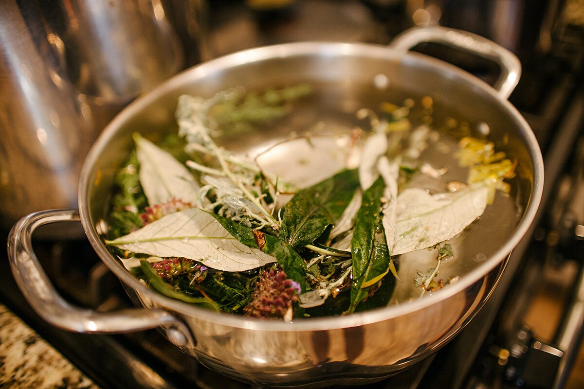 Avocado leaves, mugwort, yarrow, mint, and bougainvillea flowers, all from Panquetzani’s garden, boil on the stove to be used as a tea and vaginal steam. | Samanta Helou Hernandez
