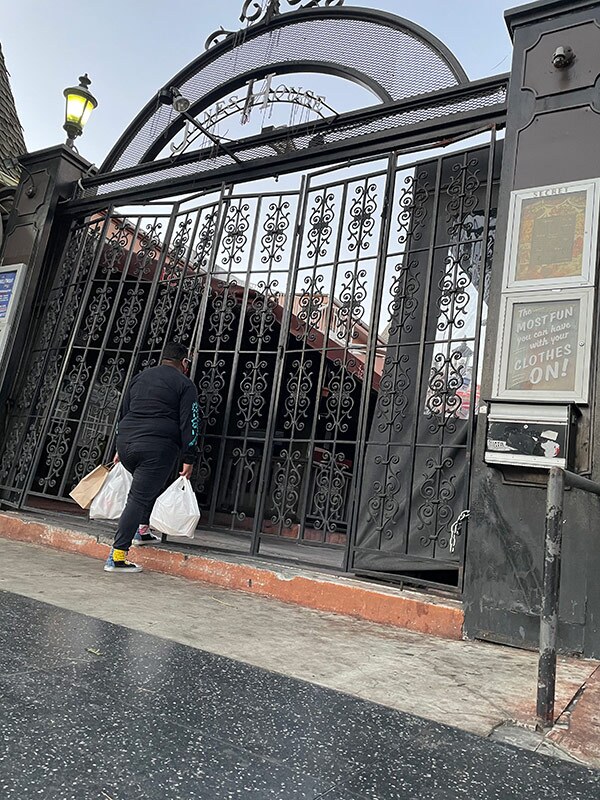 A person holding bags stands in front of padlocked gate.