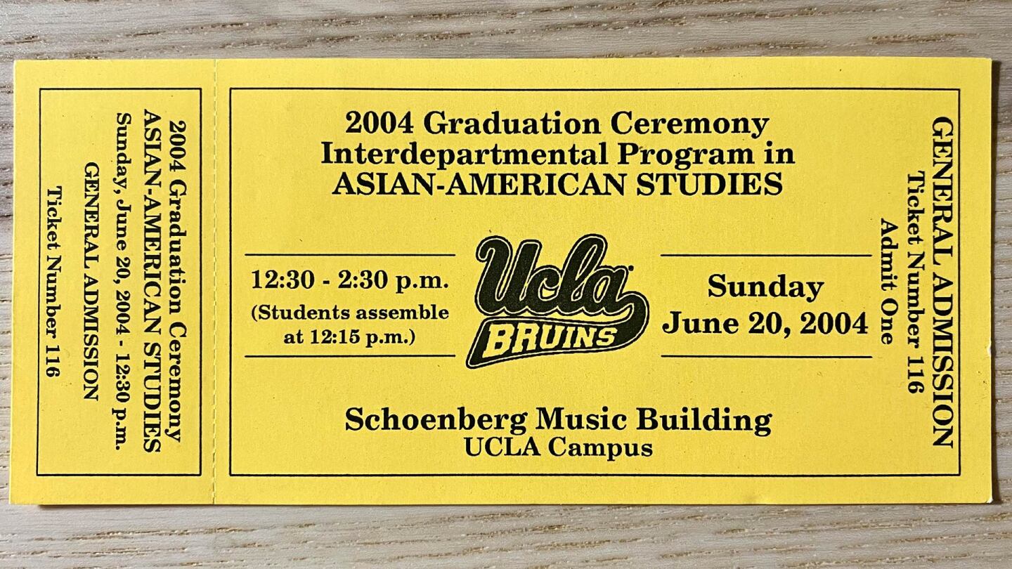 A 2004 graduation ticket stub from UCLA’s Interdepartmental Program in Asian American Studies