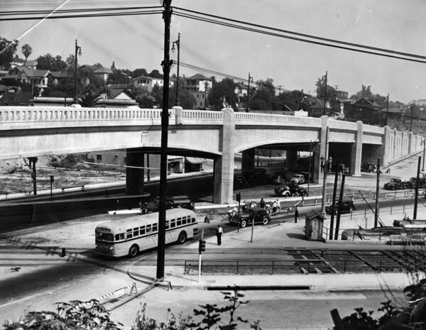 The viaduct shortly before it opened to traffic in September 1942. Courtesy of the Herald-Examiner Collection - Los Angeles Public Library.