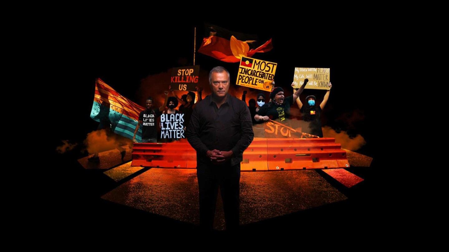 Stan Grant stands in the middle of a graphic depicting a George Floyd protest. | From "Four Corners: I Can't Breathe"