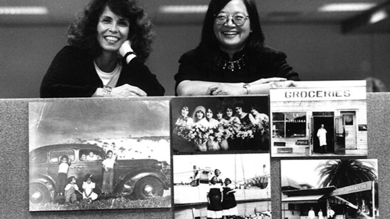 Carolyn Kozo Cole & Kathy Kobayashi at LAPL, 1996 | Photo: Mel Melcon.