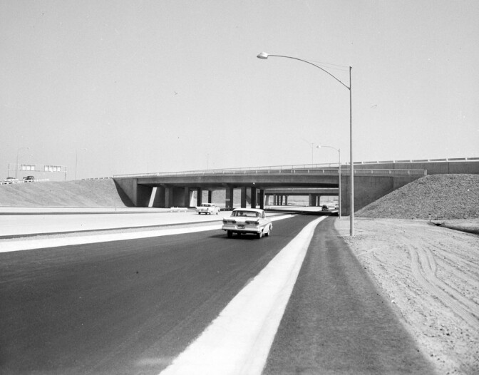 A view of a newly opened stretch of the San Diego Freeway through the San Fernando Valley in 1958