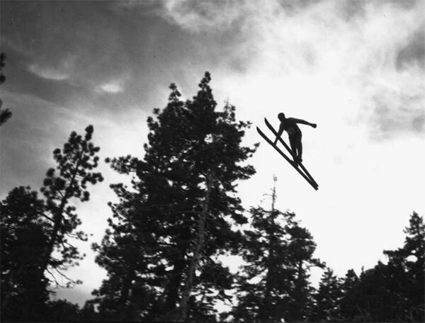 Ski jumping at Big Pines Recreation Camp, viewed from beneath the skier, 1929 | Digitally reproduced by the USC Digital Library; From the California Historical Society Collection at the University of Southern California