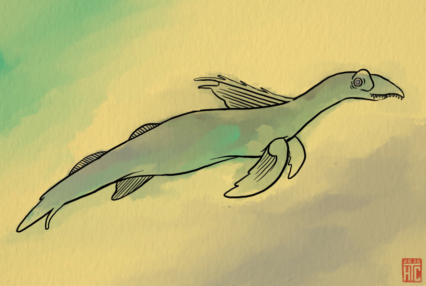 An illustration of a green, fish-like monster with large fins and a humped back