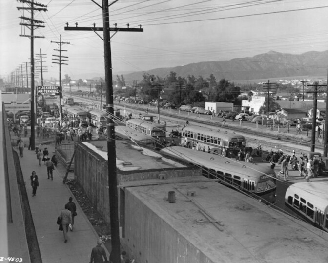 Lockheed's B-1 plant during wartime on Victory Place. Note the pedestrian underpass entrance (it's still there, but closed) at left. | Courtesy of Wes Clark