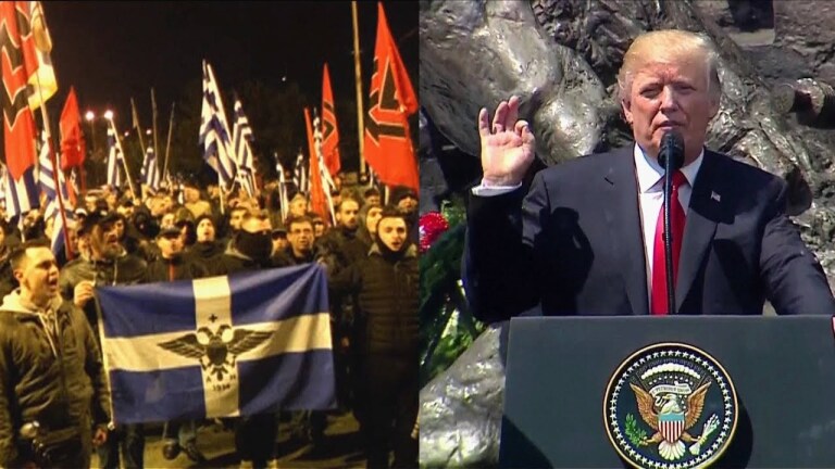 Image of right-wing protesters in Europe next to image of Donald Trump. | Democracy Now