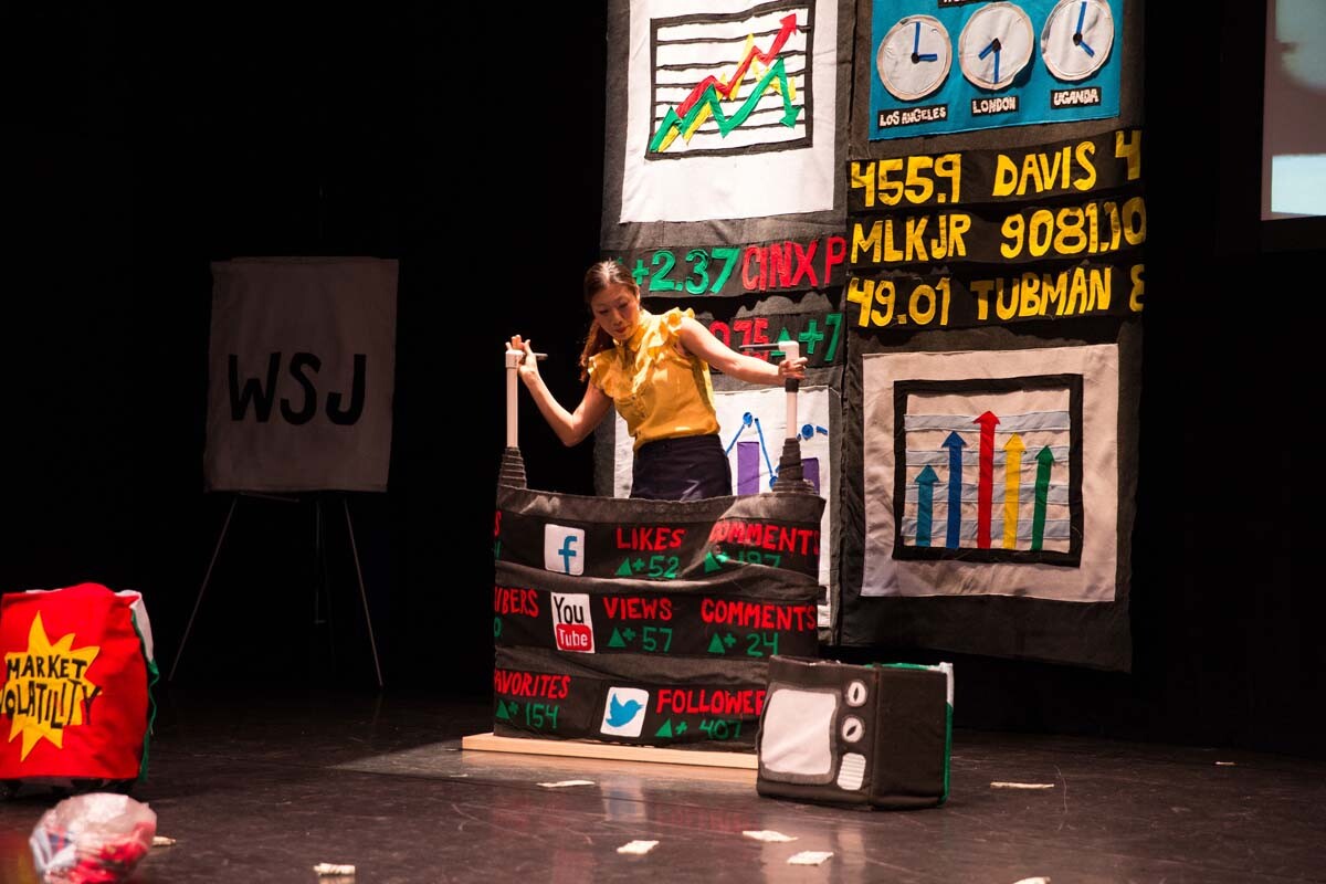 Background graphs, tickers and visuals for Kristina Wong's "Wong Street Journal" is sewed | Courtesy of Kristina Wong