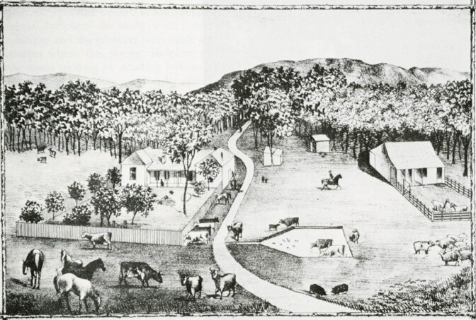 Early landscape alterations in California are the result of Spanish farming and ranching, depicted in this 1883 lithograph of Rancho Estudillo, in San Diego County
