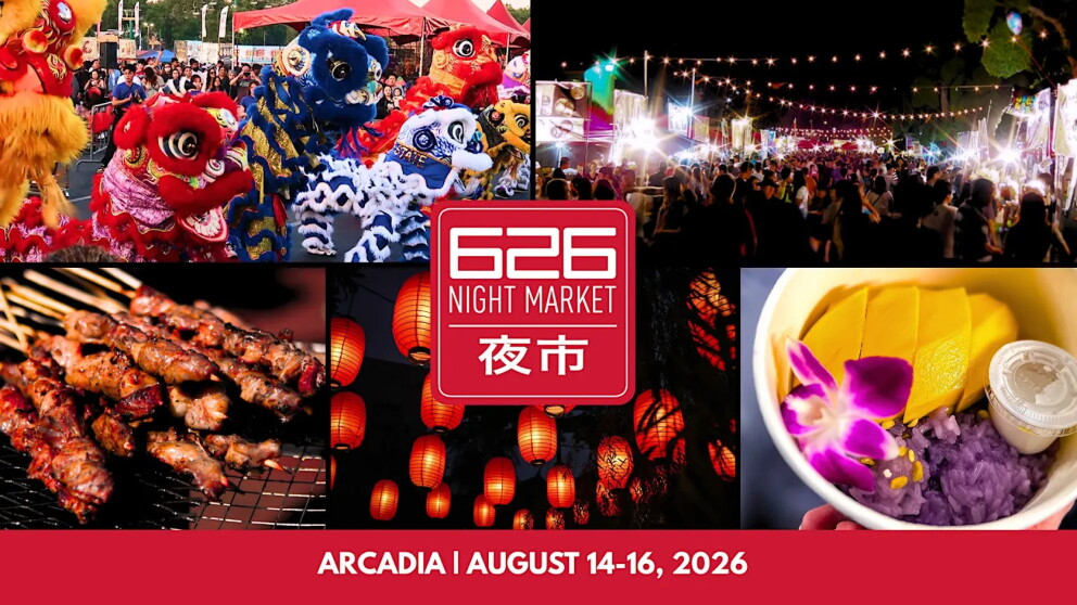 626 Night Market, event banner with 5 different images all layed out next to each other, featuring food, red lanterns, crowds of people and more 