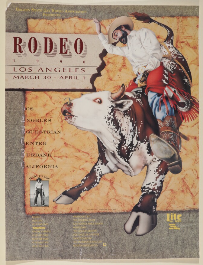 A poster advertises a rodeo that took place in 1990. The poster reads, "Rodeo 1990, Los Angeles; March 30-April 1." The poster also reveals the rodeo's location, the Los Angeles Equestrian Center, Burbank California." The dominating image on the poster is a man on a bull.