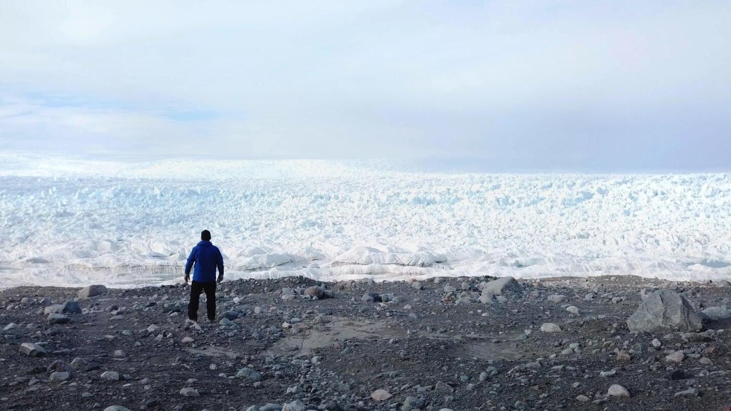 Man looks out to an icy landscape from "NOVA: Polar Extremes."