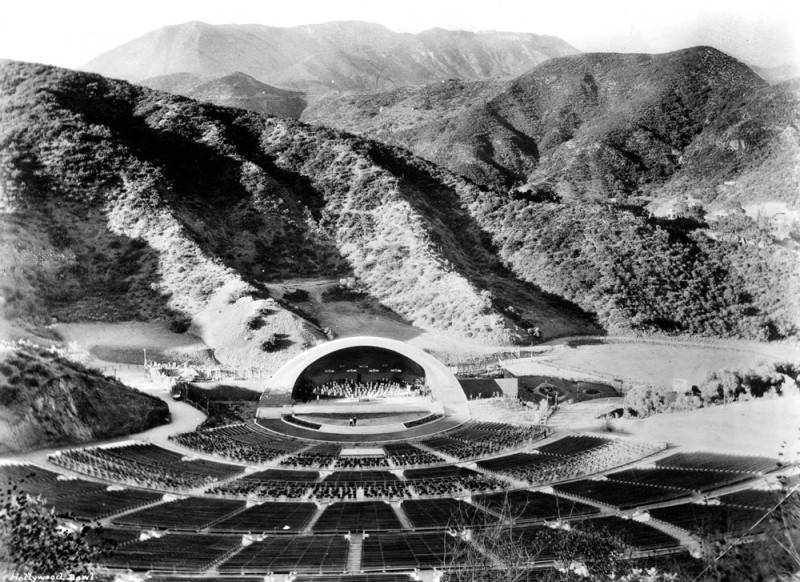 A black and white photo of the Hollywood Bowl.