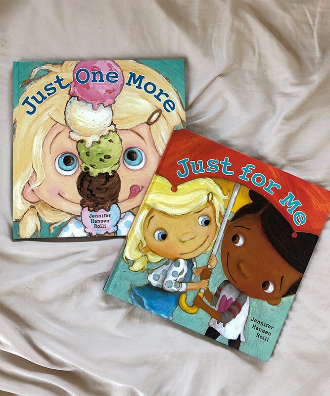 Two book covers. One features a little girl holding an ice cream cone with multiple scoops and the other featuring two smiling little girls.