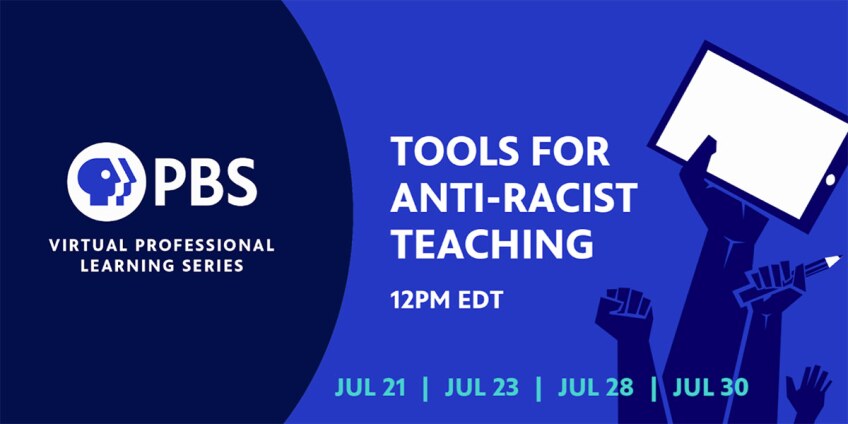 Blue ad for Tools for Anti-Racist Teaching digital workshop featuring raised fists holding a tablet and pencil.