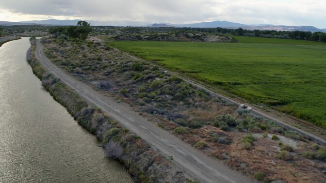 The Truckee River flows next to a road surrounded by bushes.