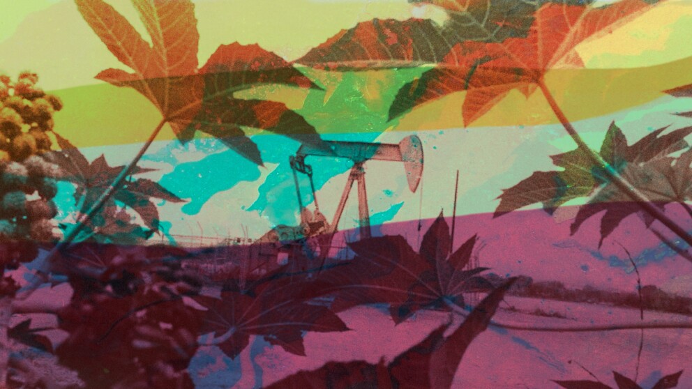  Oil rigs overlaid with images of foliage with a colorful filter.