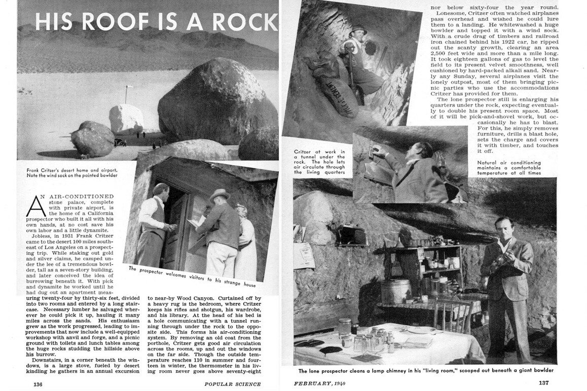 A February 1940 Popular Science feature on Frank Critzer's unique subterranean abode and airstrip.