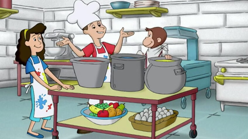 Cartoon of a kitchen with two children and a monkey over vats of dye.