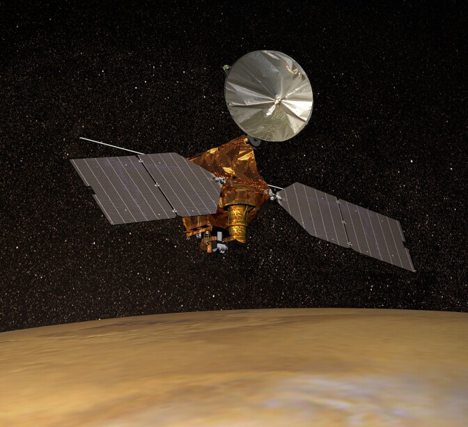 Artist's concept of NASA's Mars Reconnaissance Orbiter, depicted above Mars. | Wikimedia Commons/NASA/JPL/Corby Waste