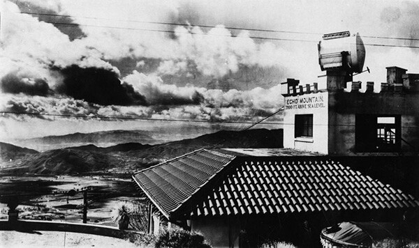 View of Echo Mountain Station, 3500 ft. above sea level. A spotlight is mounted on top of the building. | Courtesy of the Los Angeles Public Library