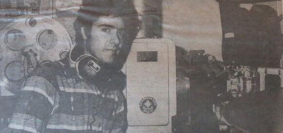 Jim Dee in the projection booth at the Rainbow, his first art house venture, in 1986. | Courtesy Dee Family Archive