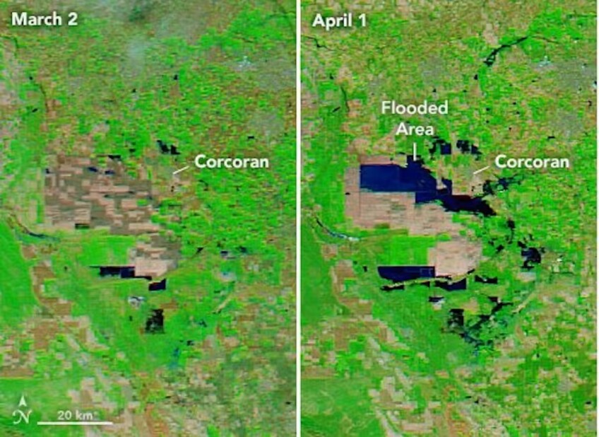 A satellite map on the right, dated April 1, shows a dark blue flooded area north of and overlapping with Historic Tulare Lake, parts of which are brown and dry, adjacent to the city of Corcoran, shown in green. On the left, a map of the same area dated March 2 shows no flooding.