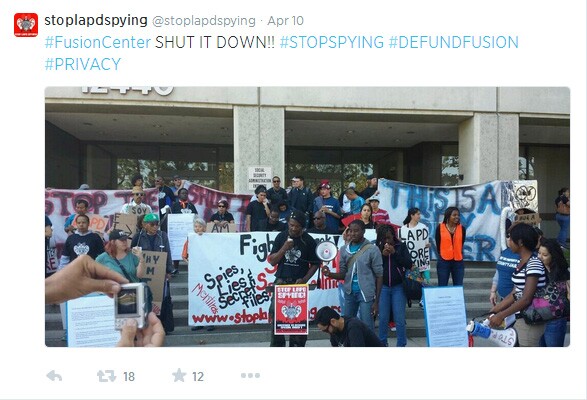 Stop LAPD Spying Coalition used Twitter to broadcast their action to demand the shutdown of 'Fusion Center'