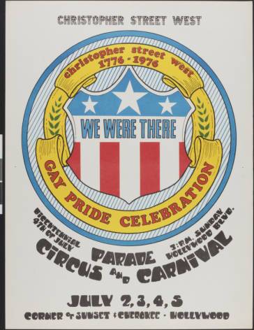 Christopher Street West parade poster featuring themes related to the bicentennial of U.S. independence, 1976. | Christopher Street West/Los Angeles, ONE National Gay and Lesbian Archives, USC Libraries