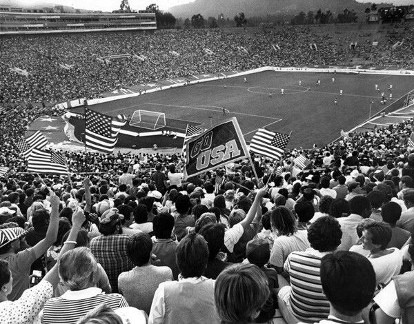 Pasadena's Rose Bowl hosted the 1984 Olympic soccer games. In this photo, fans cheer on the U.S. team, which lost 1-0 to Italy. Courtesy of the Archives, Pasadena Museum of History (Pasadena Star-News Collection).