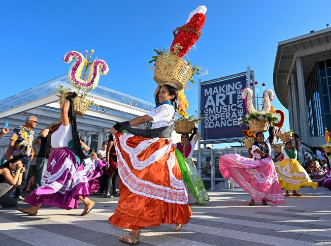 Ballet Folklorico Nueva Antequera joins the celebration of the grand reopening of The Music Center’s newly renovated plaza during The Music Center’s Plaza for All Celebration. | Courtesy of The Music Center.