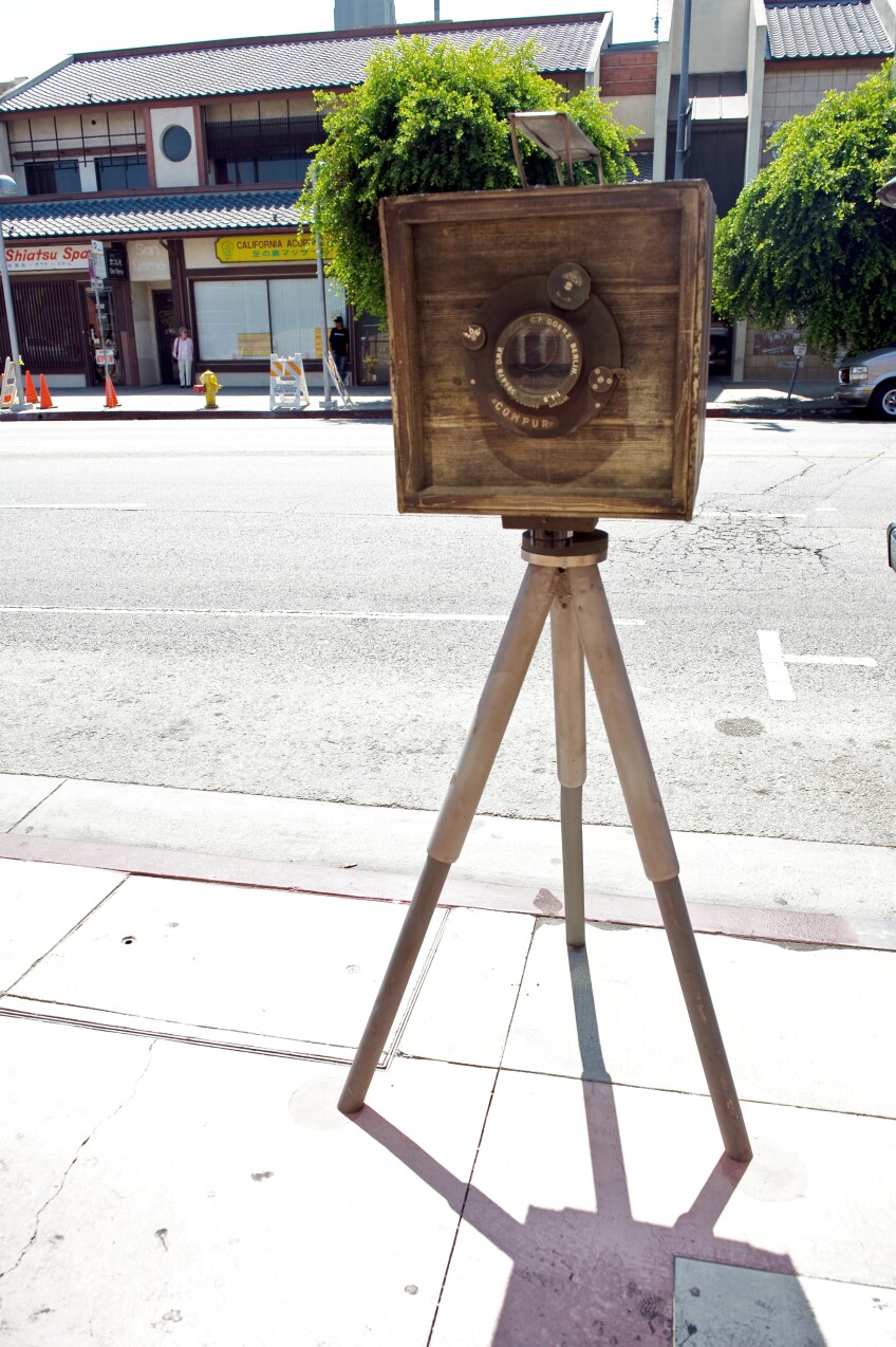 A sculpture of an old-fashioned camera set in Little Tokyo.