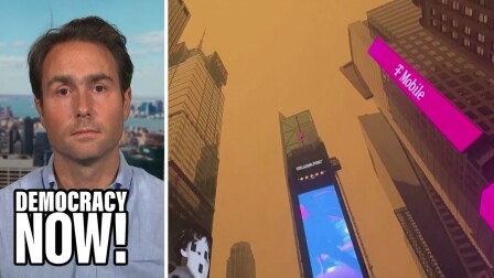 Headshot of David Wallace-Wells speaking on "Democracy Now!" and an image of New York skyscrapers from the ground, the sky an orange haze.