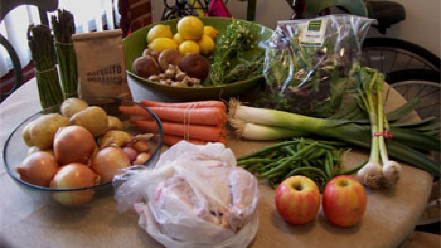 a week's worth of market produce ... and a chicken ... and a pound of coffee