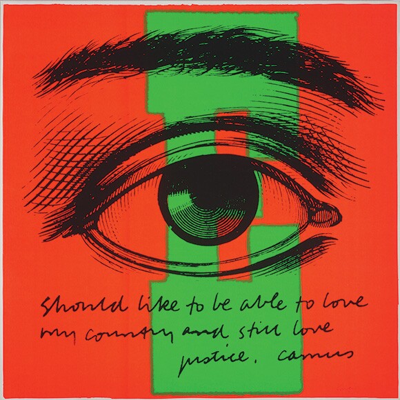 "E eye love," 1968. Silkscreen print on paper 23 x 23 inches. | Collection: Corita Art Center, Immaculate Heart Community, Los Angeles, CA. Photograph by Arthur Evans, courtesy of the Tang Museum at Skidmore College.<br />