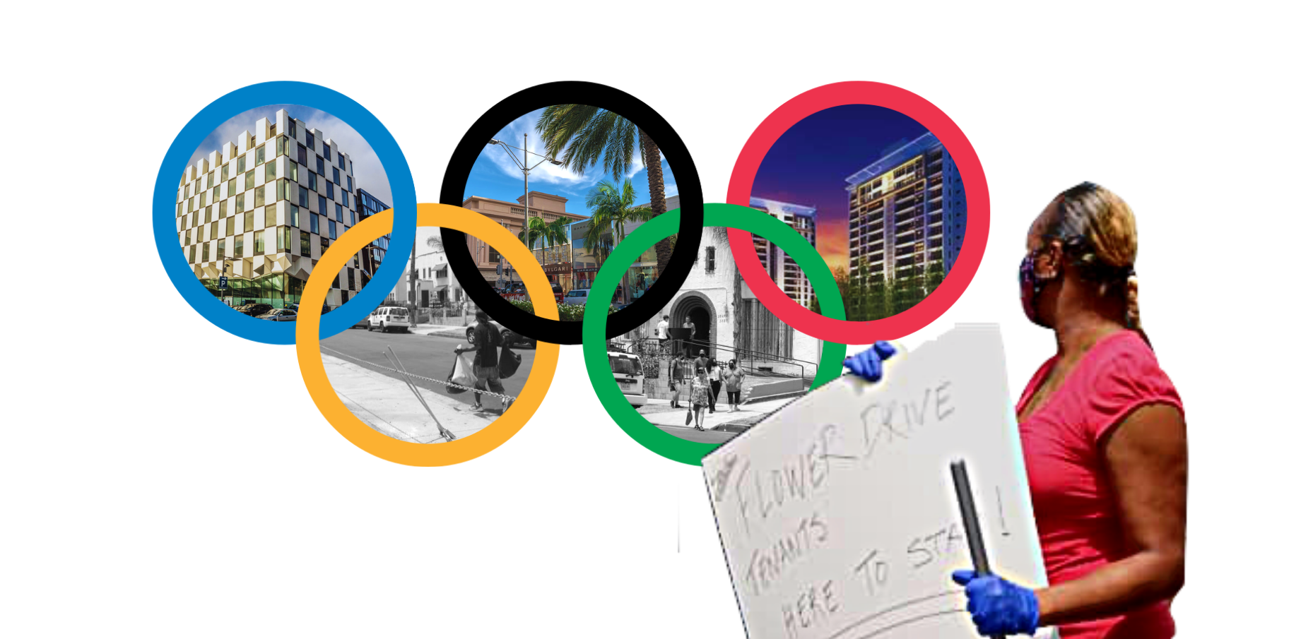 A woman holding a protest sign that says "Flower Drive Tenants here to stay," looking back at a graphic of the olympic circles with images of vibrant luxury developments inside of them, while images of her neighborhood are in black and white.