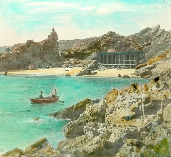 Lantern slide of a scene at Balboa Beach, late 1800s to early 1900s. LS.12885 (Braun Research Library Collection, Autry National Center)