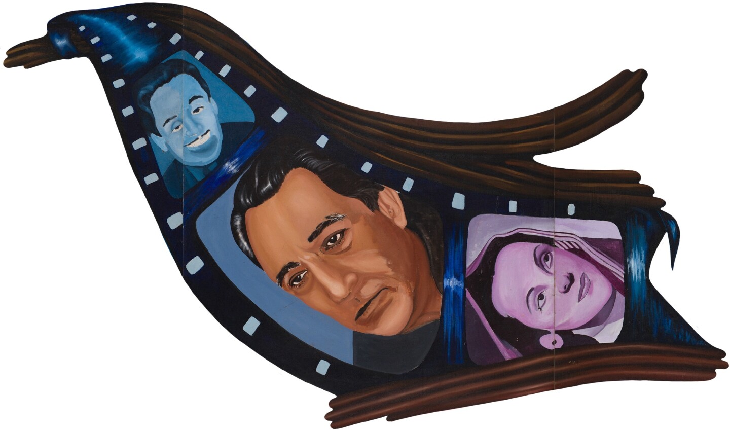 An illustration of a film reel with each scene depicting various actors Leo Carrillo, Anthony Quinn, and Dolores del Rio