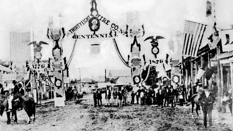 Los Angeles' Thirty-Eighth Fire Company celebrates the centennial of American independence on July 4, 1876. Courtesy of the Title Insurance and Trust / C.C. Pierce Photography Collection, USC Libraries.