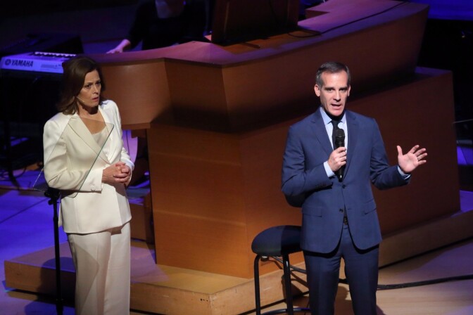Sigourney Weaver and Mayor Eric Garcetti are cast on the 2017 performance of "War of the Worlds." | Craig T. Mathew of Mathew Imaging