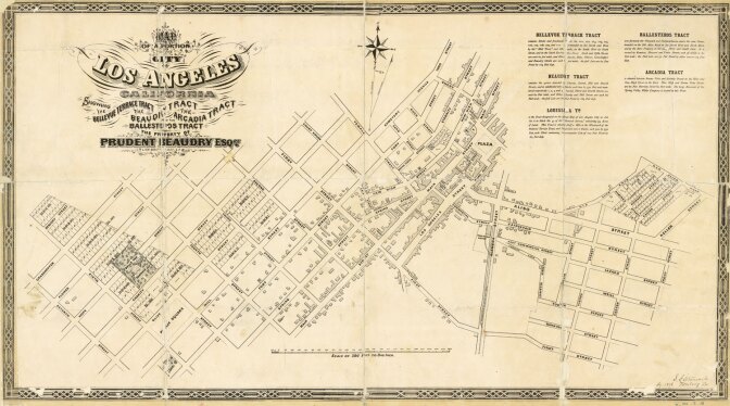 Bellevue Terrace appears prominently within the larger, trapezoidal Bellevue Terrace Tract in this 1868 map of Beaudry's real estate holdings. Courtesy of the Map Collection - Los Angeles Public Library.